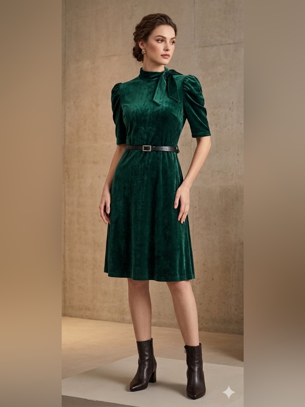 Voodoo Vixen Penelope Green Stretch Velour High Neck Fit and Flare Dress